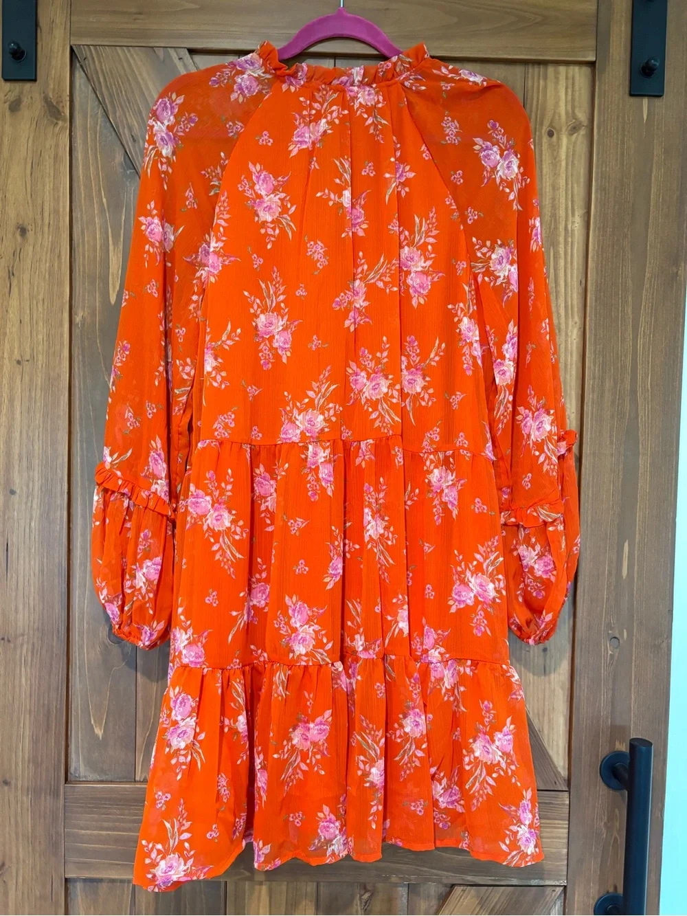 Vince Camuto Orange Floral Long-Sleeve Tie-Neck Tiered Dress